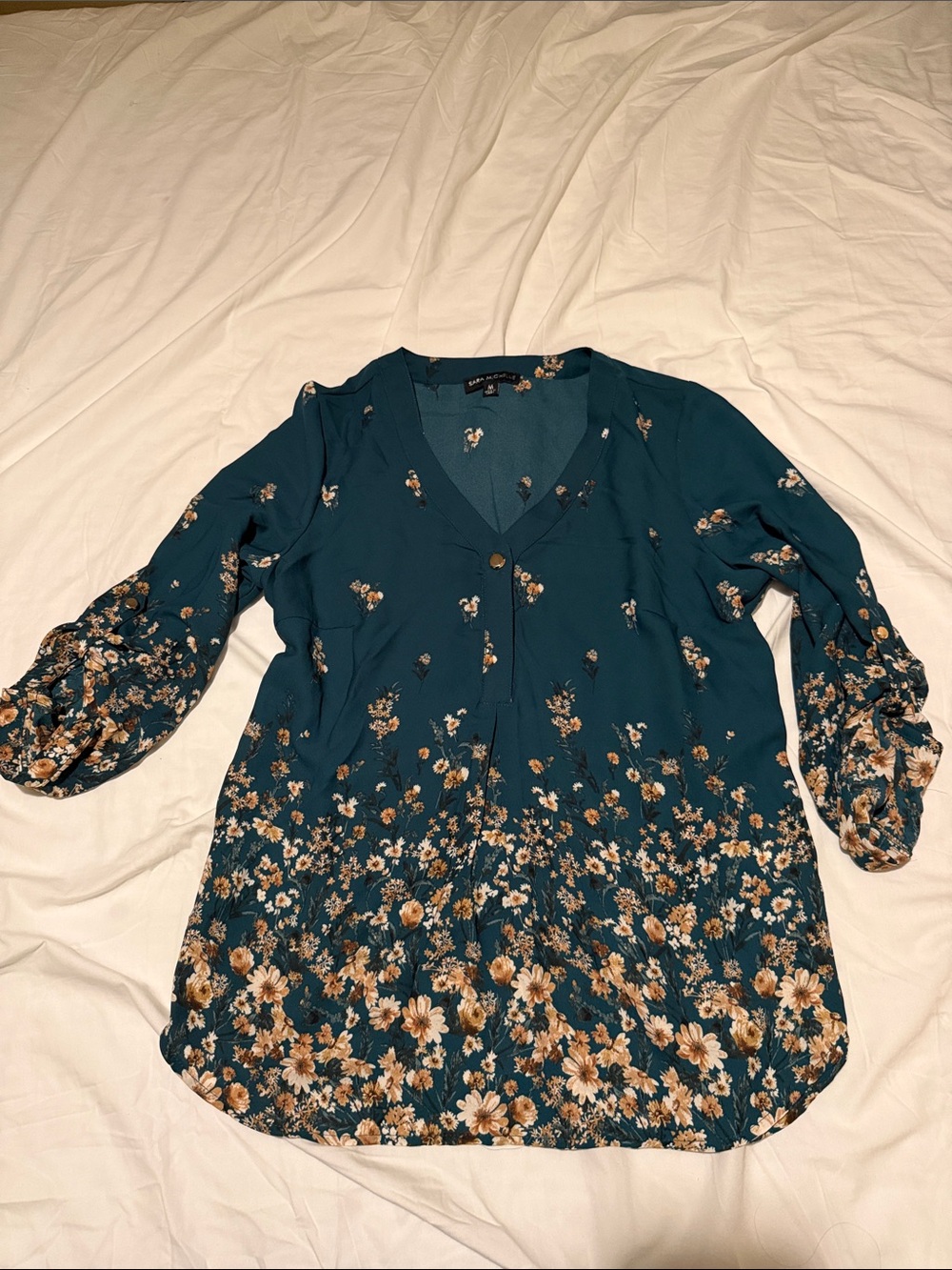 Sara Michelle Teal Floral V-Neck Blouse with Puff Sleeves